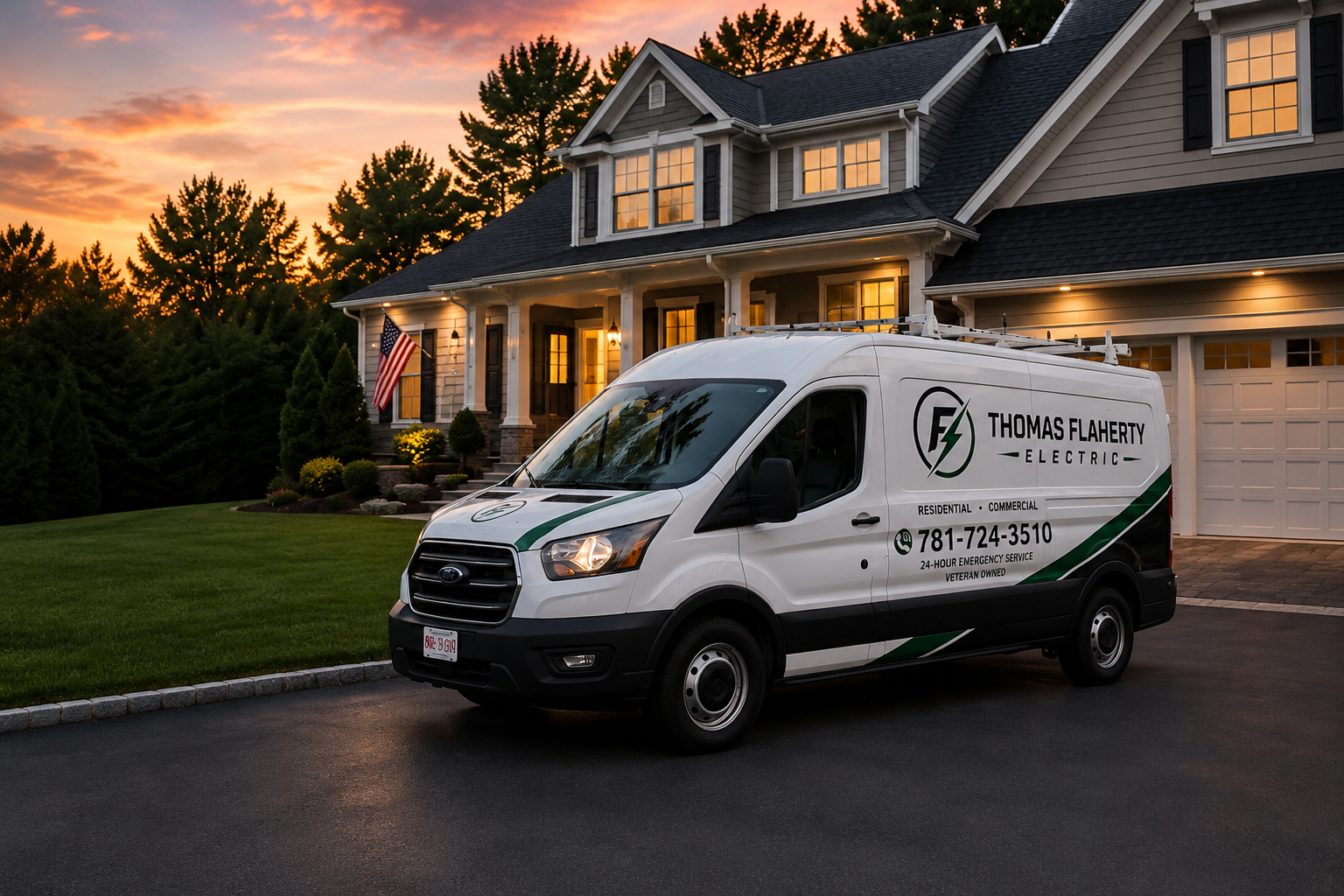 Thomas Flaherty Electric service van in front of a South Shore home